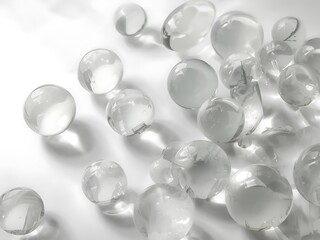 Clear gel beads scattered on a white surface
