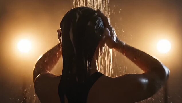 Sensual silhouette of a woman enjoying a refreshing shower, her hands washing long wet hair under a stream of water with a warm, golden backlight