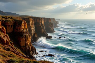 Obraz premium coastal cliffs with crashing waves, sunlight illuminating rugged rocks, sea spray creating mist, birds soaring above, emphasizing dynamic textures and energy of nature.