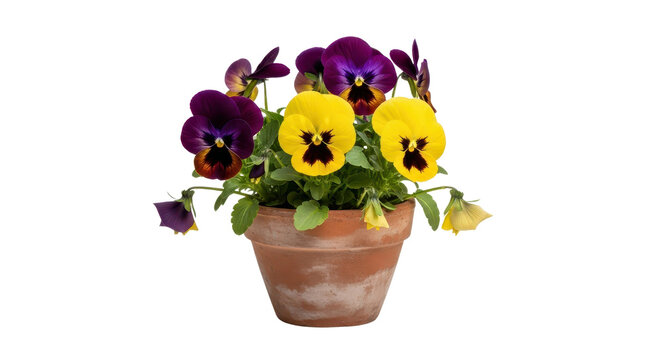 Yellow and purple pansies in a terracotta pot isolated PNG with Transparent Background