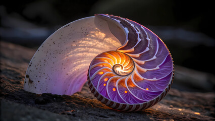 Nautilus shell macro photography, sea shell spiral pattern, ocean life, colorful shell, nature art