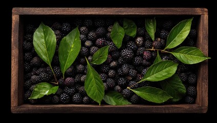 Fresh Blackberries in Wooden Crate with Green Leaves.