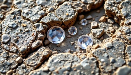 high detail image of stone surface with embedded quartz crystals, rough texture with shiny mineral reflections, natural geological macro photography style