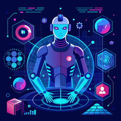 Futuristic robot interacting with digital interface and data visualization