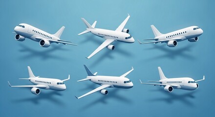 Collection of six commercial airplanes in flight formation