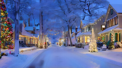 Obraz premium A peaceful snowy street with cottages adorned in colorful Christmas lights