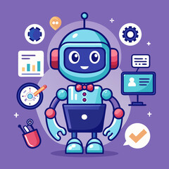 Friendly robot assistant with laptop and business icons