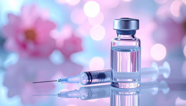 Dermal filler cosmetic injection vial and syringe for aesthetic medicine skin care. beauty treatment with soft background