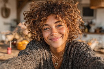 Happy female african woman recording vlog on smartphone for social media. Generative AI