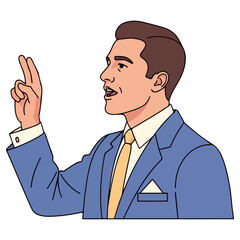 Man in a suit giving a speech with hand gestures.