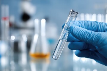 Scientist holding test tube in laboratory setting.