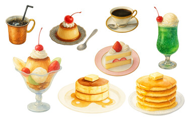 純喫茶スイーツとドリンクセット｜プリン・パンケーキ・クリームソーダ・ショートケーキの水彩イラスト