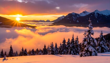 A stunning winter sunrise paints the sky in vibrant oranges and purples as it breaks over a majestic mountain range shrouded in a sea of clouds.