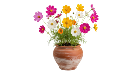 Colorful cosmos flowers in pot isolated PNG with Transparent Background