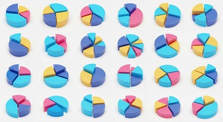 Colorful pie chart segments in various configurations isolated on white background