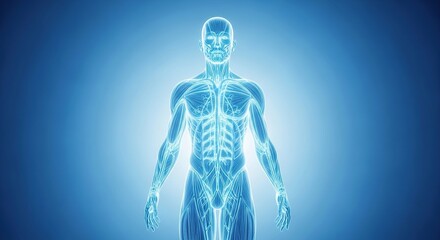 Glowing human nervous system diagram with digital blue background