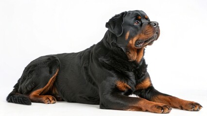 Obraz premium Long-Haired Rottweiler sitting calmly on a clean white studio background, showing thick shiny coat and strong features, sharp focus, and professional studio lighting