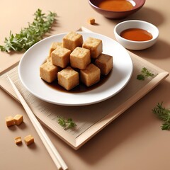 Crispy Air Fryer Tofu,Healthy cooking soybean block tofu used airfryer in white plate and chilli sweet sauce.