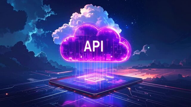 Digital API Cloud Transformation Concept Represented in a Surreal Cyberpunk Rendering