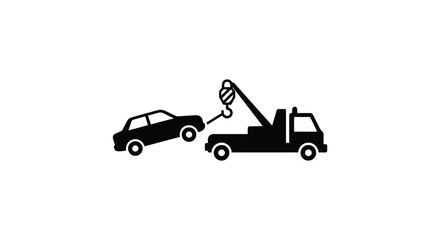 A simple black silhouette depicting a tow truck lifting a car