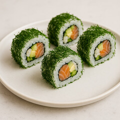 Sushi rolls set in white serving plate, fresh sushi, japanese food, asian cuisine