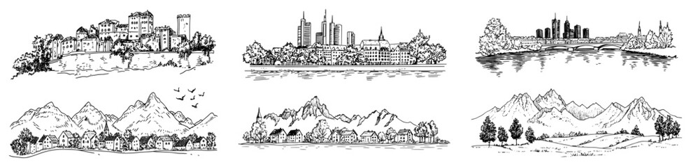 Collection of Hand Drawn City Skyline and Mountain Village Landscapes black shape vector laser cutting engraving monochrome print