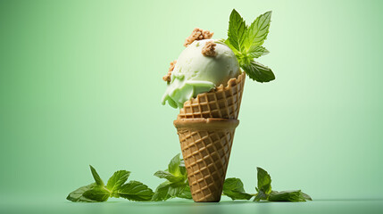 Glace verte à la menthe ou à la pistache sur un fond vert. Glace, sorbet, cône, pot. Rafraîchissante, estivale. Pour conception et création graphique.