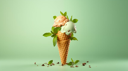 Glace verte à la menthe ou à la pistache sur un fond vert. Glace, sorbet, cône, pot. Rafraîchissante, estivale. Pour conception et création graphique.