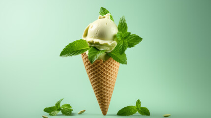Glace verte à la menthe ou à la pistache sur un fond vert. Glace, sorbet, cône, pot. Rafraîchissante, estivale. Pour conception et création graphique.
