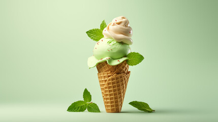 Glace verte à la menthe ou à la pistache sur un fond vert. Glace, sorbet, cône, pot. Rafraîchissante, estivale. Pour conception et création graphique.