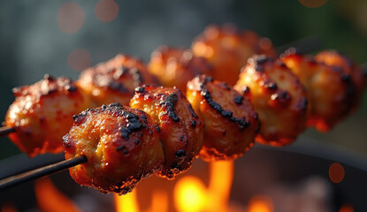 Close-up of flavorful chicken skewers grilling outdoors