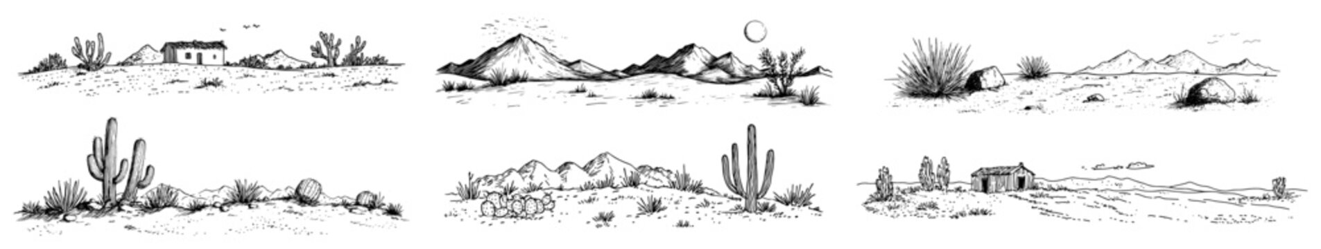 Desert Landscape Borders and Cactus Scenes Doodle Set black shape vector laser cutting engraving monochrome print
