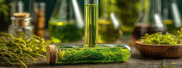 Green Plants in Lab Setting with Test Tubes.