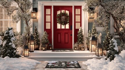 Festive snowy front porch with red door and holiday decorations