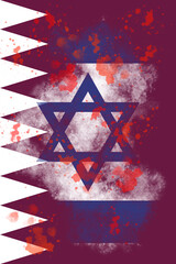 Creative composition merging Qatar and Israel flags with red splashes, expressing conflict, bloodshed and fragile relations in the Middle East