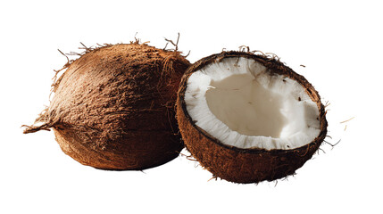A freshly cut coconut halved revealing its white flesh and fibrous brown exterior isolated on white background isolated on transparent background