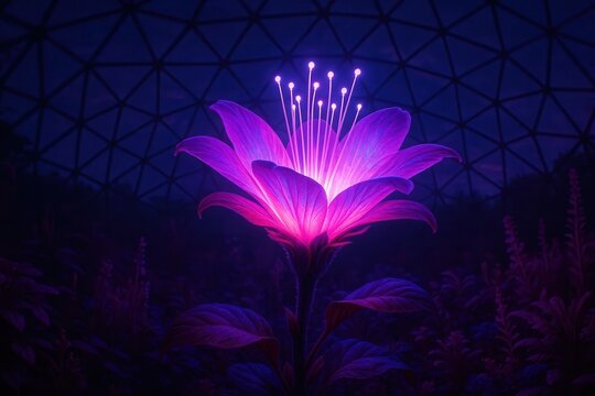 Vibrant glowing flower under a geometric dome, magical botanical scene.