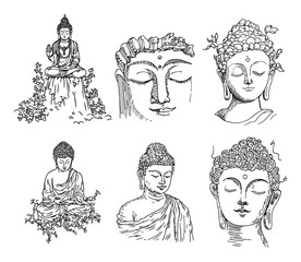 Buddha Portraits and Meditation Figures Icons Set black shape vector laser cutting engraving monochrome print