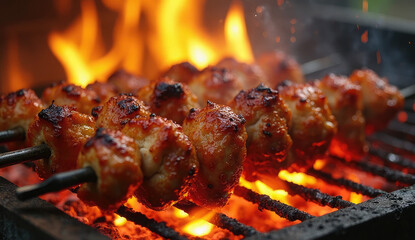 Delicious chicken skewers grilling over hot coals