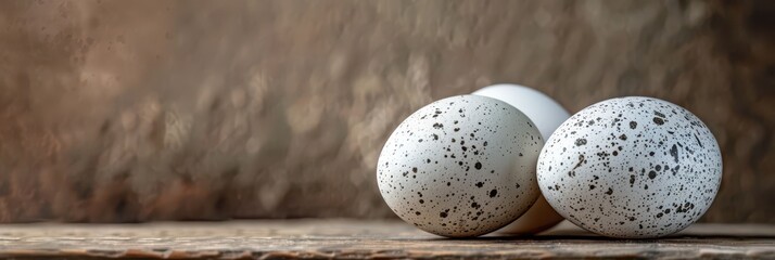 Spotted egg focus for world egg day celebration and rustic design inspiration. Horizontal banner. Copy space. World Farm Animals Day. World Bird Day. Healthy farm food