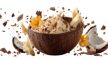 A freshly cut coconut halved revealing its white flesh and fibrous brown exterior isolated on white background isolated on transparent background