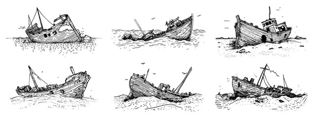 Collection of Old Shipwrecks on a Beach in a Vintage Sketch Style black shape vector laser cutting engraving monochrome print