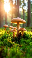 Mushrooms in forest floor sunlight
