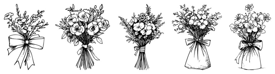Flower Bouquets With Ribbons and Gift Bags Collection Set black shape vector laser cutting engraving monochrome print © Kaz