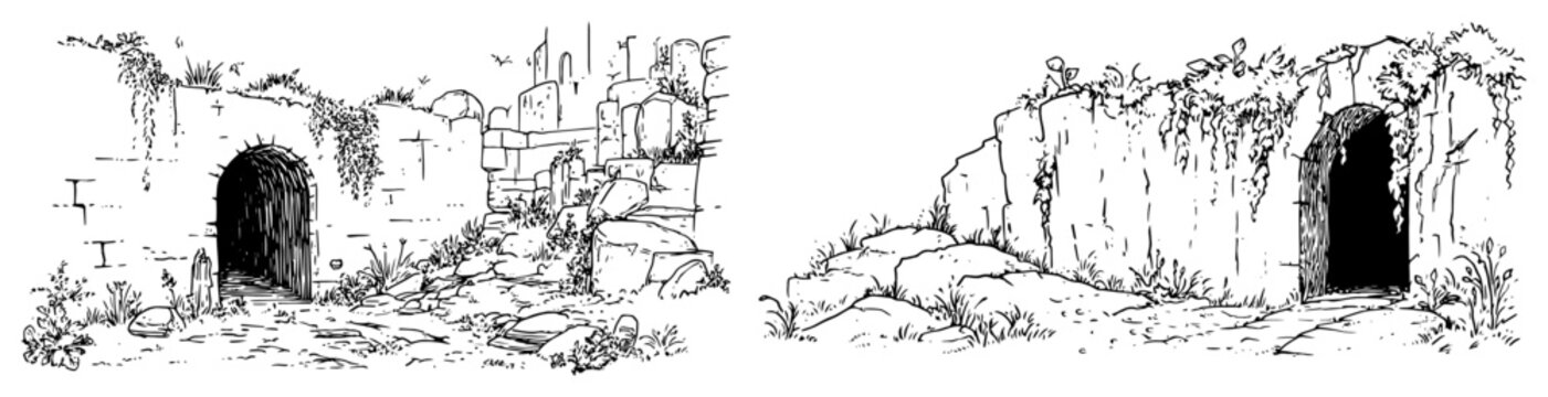 Ancient Stone Ruins Archway and Cave Entrances Landscape Set black shape vector laser cutting engraving monochrome print