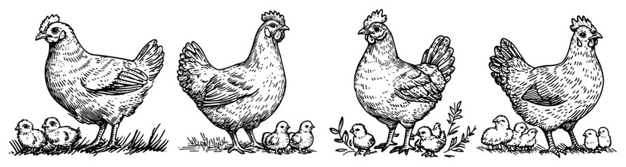 Hand Drawn Hen and Chicks Farm Animal Illustration Set