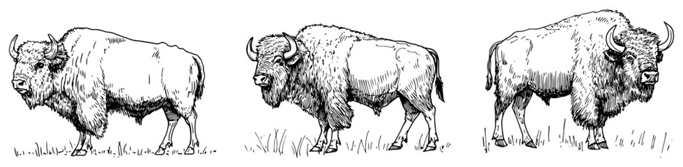 Hand Drawn American Bison Buffalo Sketch Set black shape vector laser cutting engraving monochrome print