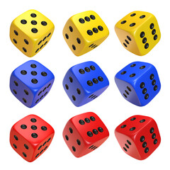 Red, blue and yellow photorealistic 3d cube for games. Dice icon in flight closeup isolated on white background. Vector illustration.
