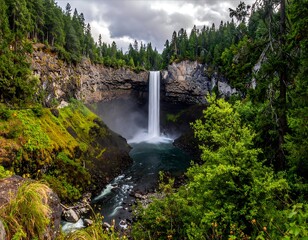 Majestic waterfall cascading down a rocky cliff face, surrounded by lush forest