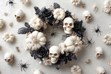 Obraz premium A decorative halloween wreath is composed of white pumpkins, dark grey leaves, black roses, and white skulls, laid out on a light gray surface.